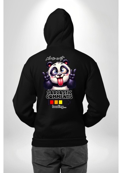 Eğlenceli Panda Mizahi Yükleniyor Yükleme Durumu Siyah Kapüşonlu Sweatshirt Kadın Erkek Ön Minimal Sırt Baskılı modelleri