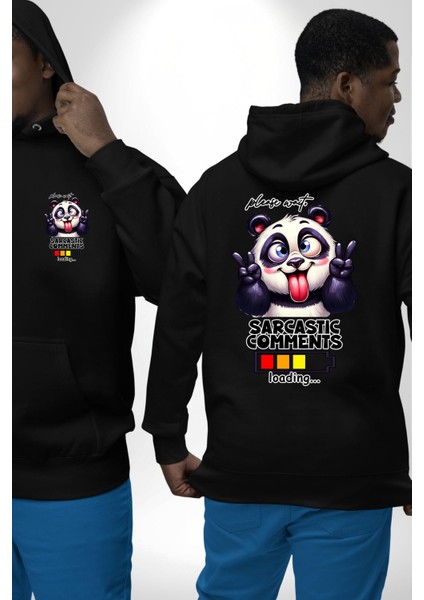 Eğlenceli Panda Mizahi Yükleniyor Yükleme Durumu Siyah Kapüşonlu Sweatshirt Kadın Erkek Ön Minimal Sırt Baskılı fırsatları
