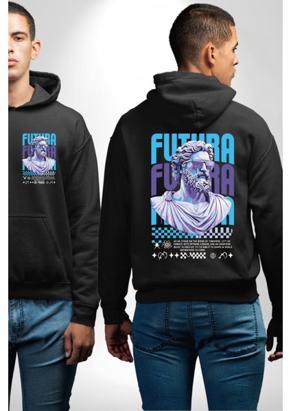 Mitolojik Gelecek Futura Teknoloji Siyah Kapüşonlu Sweatshirt Kadın Erkek Ön Minimal Sırt Baskılı