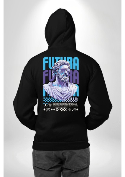 Mitolojik Gelecek Futura Teknoloji Siyah Kapüşonlu Sweatshirt Kadın Erkek Ön Minimal Sırt Baskılı modelleri