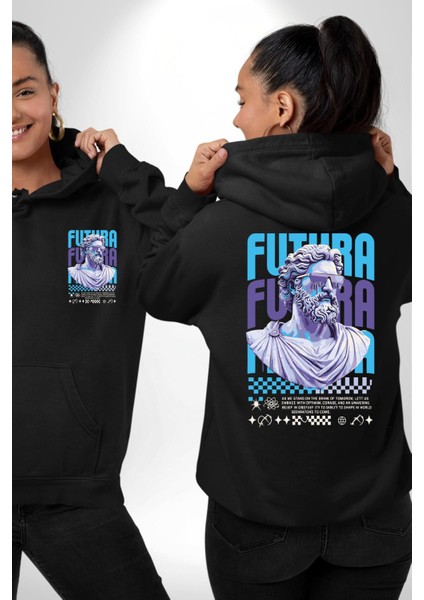 Mitolojik Gelecek Futura Teknoloji Siyah Kapüşonlu Sweatshirt Kadın Erkek Ön Minimal Sırt Baskılı fırsatları