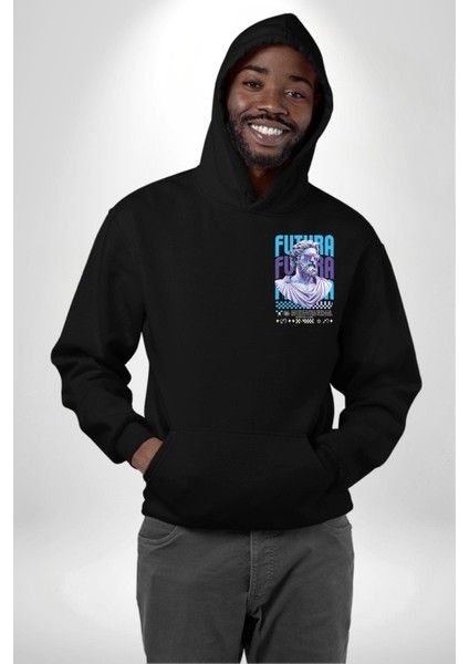 Mitolojik Gelecek Futura Teknoloji Siyah Kapüşonlu Sweatshirt Kadın Erkek Ön Minimal Sırt Baskılı indirimleri