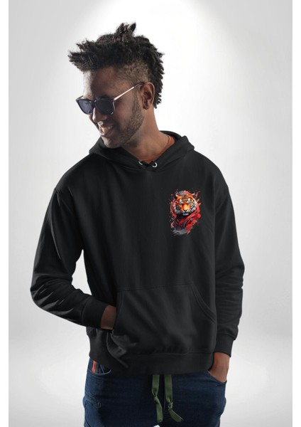 Modern Asya Esintili Kaplan Tasarımı Siyah Kapüşonlu Sweatshirt Kadın Erkek Ön Minimal Sırt Baskılı fiyatları