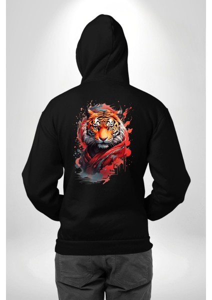 Modern Asya Esintili Kaplan Tasarımı Siyah Kapüşonlu Sweatshirt Kadın Erkek Ön Minimal Sırt Baskılı modelleri