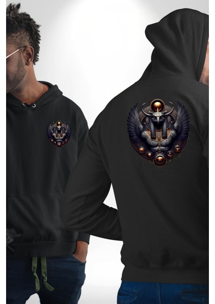 Montu Savaş ve Canlılık Tanrısı Mısır Siyah Kapüşonlu Sweatshirt Kadın Erkek Ön Minimal Sırt Baskılı