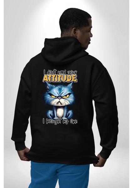 Kendi Tavrını Getiren Kedi Komik Kedi Siyah Kapüşonlu Sweatshirt Kadın Erkek Ön Minimal Sırt Baskılı indirimleri