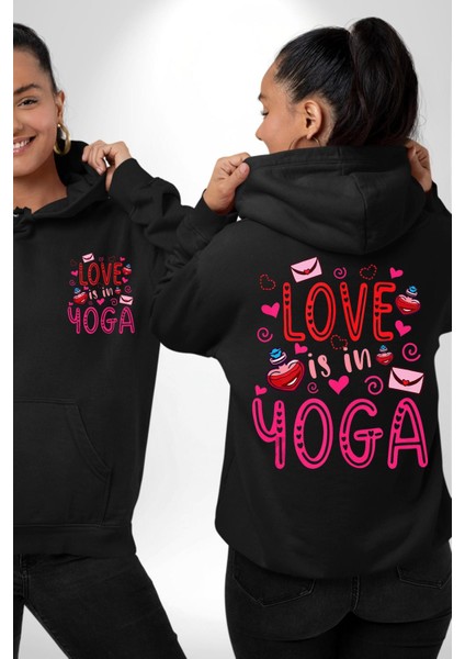 Yoga Seviyorum Yoga Tutkunları Siyah Kapüşonlu Sweatshirt Kadın Erkek Ön Minimal Sırt Baskılı