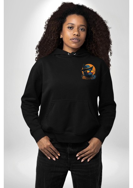 Cool Siyah Kedi Gözlük ve Şapka Siyah Kapüşonlu Sweatshirt Kadın Erkek Ön Minimal Sırt Baskılı indirimleri