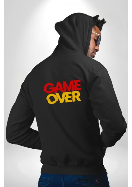 Game Over Baskılı Oyun Tutkunları Için Grafik Siyah Kapüşonlu Sweatshirt Kadın Erkek Ön Minimal Sırt Baskılı indirimleri