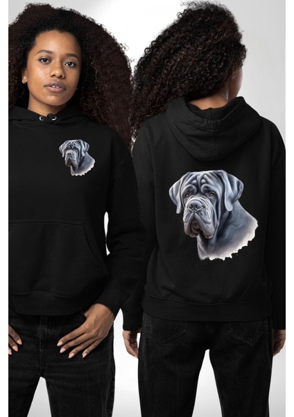 Neapolitan Mastiff Aşkı Büyük Köpek Siyah Kapüşonlu Sweatshirt Kadın Erkek Ön Minimal Sırt Baskılı