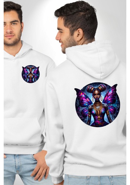 Hip Hop Dövme Kelebek Kız Özel Tasarım Beyaz Kapüşonlu Sweatshirt Kadın Erkek Ön Minimal Sırt Baskılı