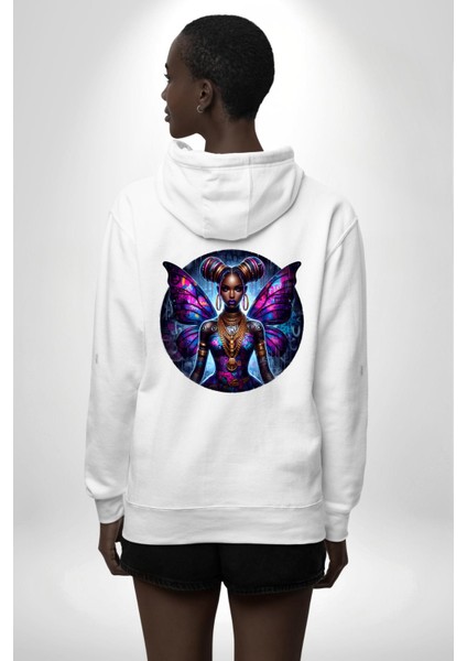 Hip Hop Dövme Kelebek Kız Özel Tasarım Beyaz Kapüşonlu Sweatshirt Kadın Erkek Ön Minimal Sırt Baskılı modelleri