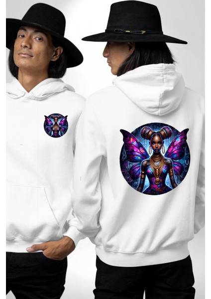 Hip Hop Dövme Kelebek Kız Özel Tasarım Beyaz Kapüşonlu Sweatshirt Kadın Erkek Ön Minimal Sırt Baskılı fırsatları