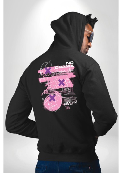 Drama Olmadan Moda Siyah Kapüşonlu Sweatshirt Kadın Erkek Ön Minimal Sırt Baskılı indirimleri