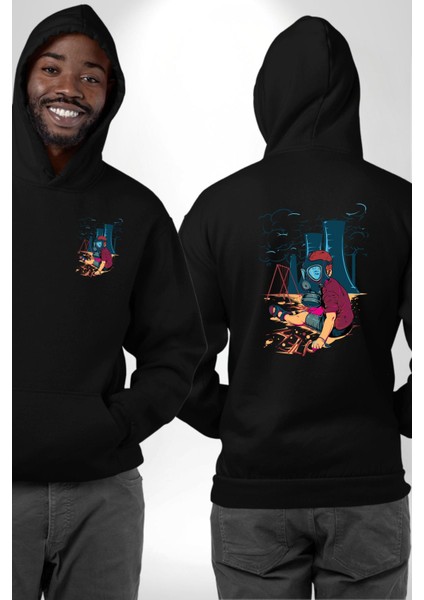 Çevreçi Hava Kirliliği Küresel Isınma Siyah Kapüşonlu Sweatshirt Kadın Erkek Ön Minimal Sırt Baskılı