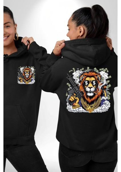 Aslan Gangster Hip-Hop Dolar Aslan Siyah Kapüşonlu Sweatshirt Kadın Erkek Ön Minimal Sırt Baskılı
