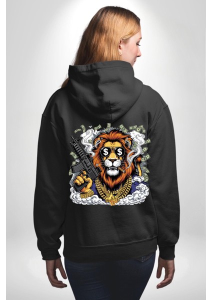 Aslan Gangster Hip-Hop Dolar Aslan Siyah Kapüşonlu Sweatshirt Kadın Erkek Ön Minimal Sırt Baskılı modelleri