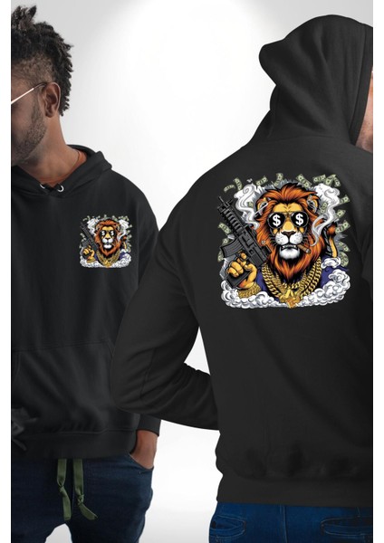 Aslan Gangster Hip-Hop Dolar Aslan Siyah Kapüşonlu Sweatshirt Kadın Erkek Ön Minimal Sırt Baskılı fırsatları