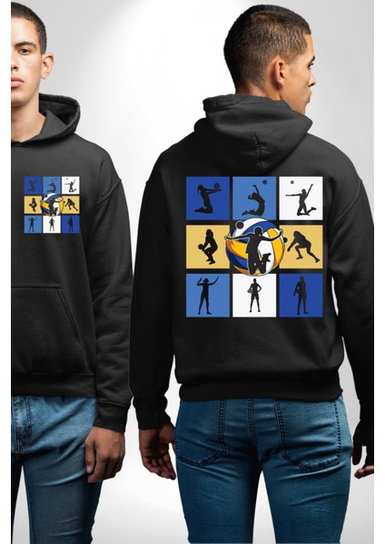 Voleybol Siluet Kolaj Desenli Siyah Kapüşonlu Sweatshirt Kadın Erkek Ön Minimal Sırt Baskılı