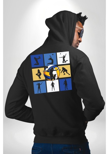Voleybol Siluet Kolaj Desenli Siyah Kapüşonlu Sweatshirt Kadın Erkek Ön Minimal Sırt Baskılı modelleri
