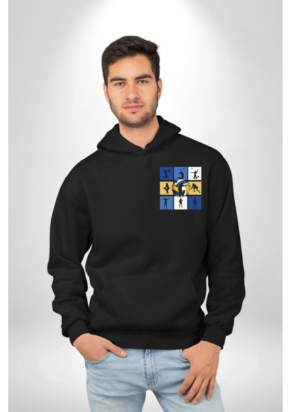 Voleybol Siluet Kolaj Desenli Siyah Kapüşonlu Sweatshirt Kadın Erkek Ön Minimal Sırt Baskılı indirimleri