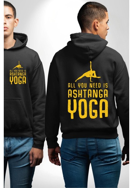 Ashtanga Yoga Sadelik ve Güç Siyah Kapüşonlu Sweatshirt Kadın Erkek Ön Minimal Sırt Baskılı