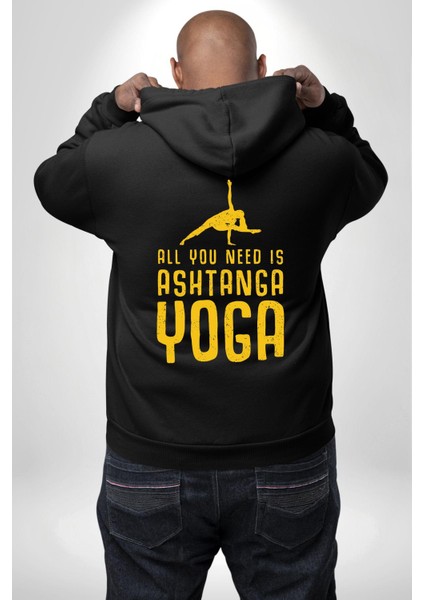 Ashtanga Yoga Sadelik ve Güç Siyah Kapüşonlu Sweatshirt Kadın Erkek Ön Minimal Sırt Baskılı modelleri