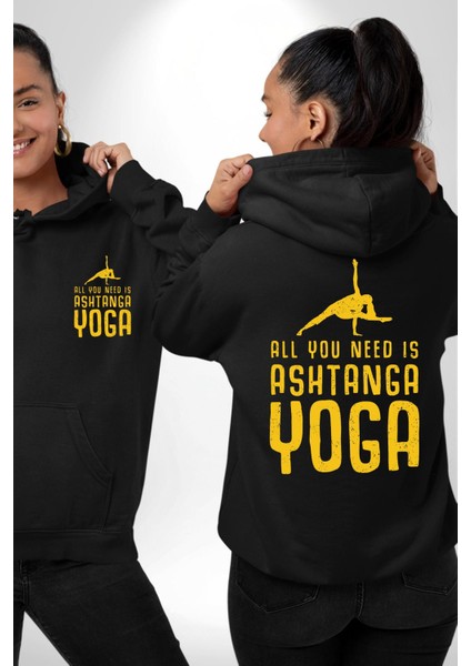Ashtanga Yoga Sadelik ve Güç Siyah Kapüşonlu Sweatshirt Kadın Erkek Ön Minimal Sırt Baskılı fırsatları