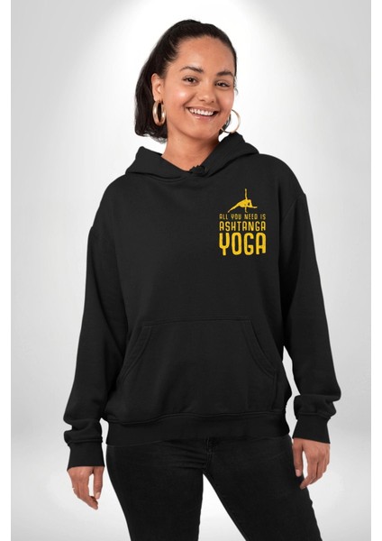 Ashtanga Yoga Sadelik ve Güç Siyah Kapüşonlu Sweatshirt Kadın Erkek Ön Minimal Sırt Baskılı indirimleri