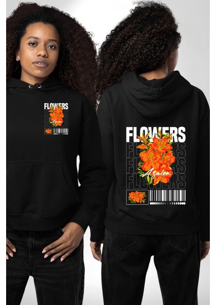 Açelya Çiçekleri Siyah Kapüşonlu Sweatshirt Kadın Erkek Ön Minimal Sırt Baskılı fiyatları