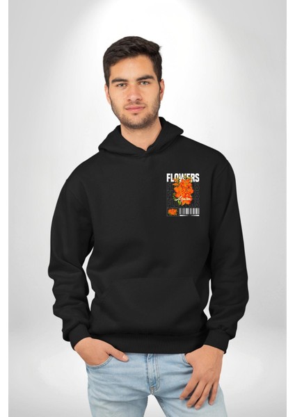 Açelya Çiçekleri Siyah Kapüşonlu Sweatshirt Kadın Erkek Ön Minimal Sırt Baskılı fırsatları