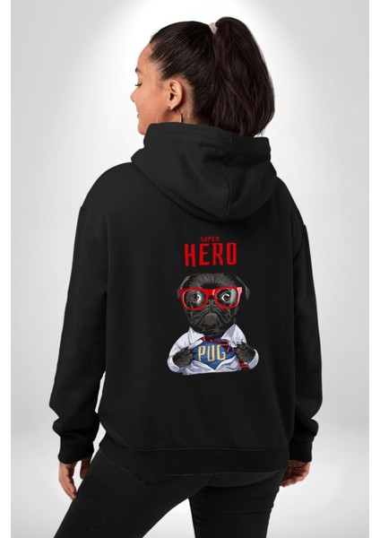 Süper Pug Kahraman Köpek Siyah Kapüşonlu Sweatshirt Kadın Erkek Ön Minimal Sırt Baskılı indirimleri