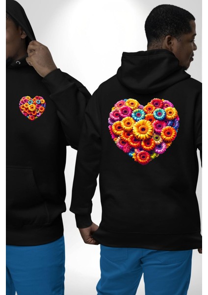 Renkli Aşk Çiçekleri Gerbera Papatya Siyah Kapüşonlu Sweatshirt Kadın Erkek Ön Minimal Sırt Baskılı