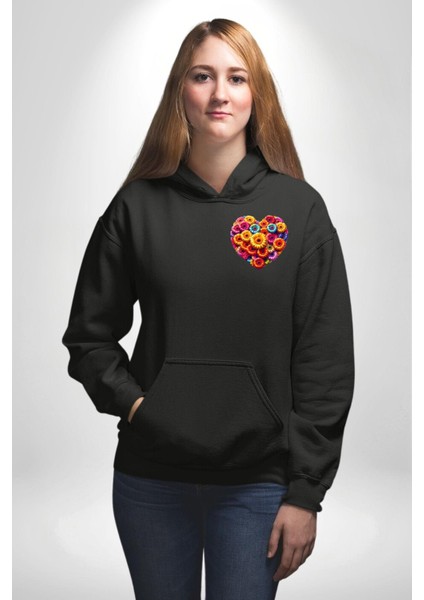 Renkli Aşk Çiçekleri Gerbera Papatya Siyah Kapüşonlu Sweatshirt Kadın Erkek Ön Minimal Sırt Baskılı fiyatları
