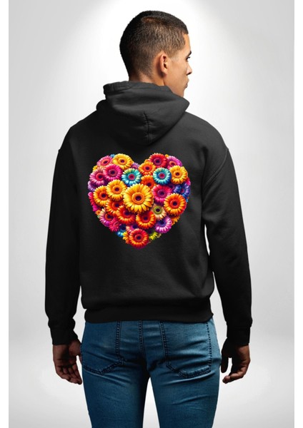 Renkli Aşk Çiçekleri Gerbera Papatya Siyah Kapüşonlu Sweatshirt Kadın Erkek Ön Minimal Sırt Baskılı modelleri