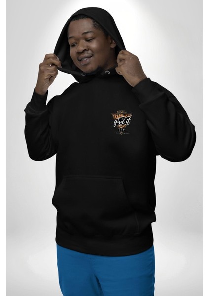 Zirveye Doğru Siyah Kapüşonlu Sweatshirt Kadın Erkek Ön Minimal Sırt Baskılı fırsatları