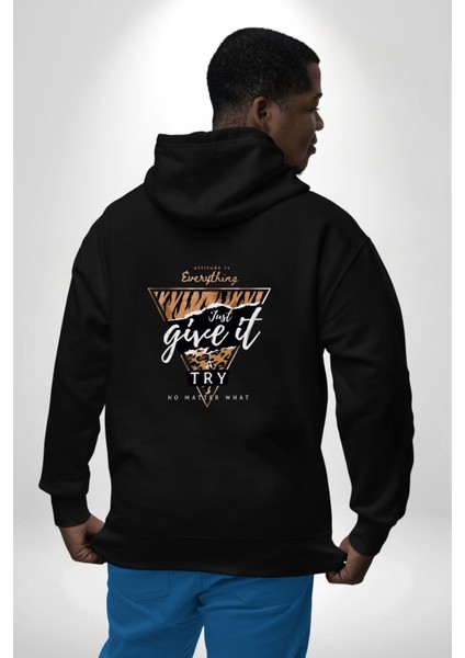 Zirveye Doğru Siyah Kapüşonlu Sweatshirt Kadın Erkek Ön Minimal Sırt Baskılı indirimleri