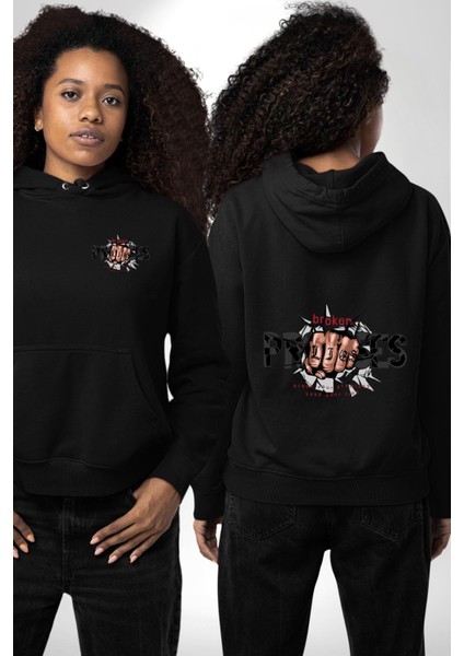 Yalanlarını Tut, Sözlerini Kır! Siyah Kapüşonlu Sweatshirt Kadın Erkek Ön Minimal Sırt Baskılı