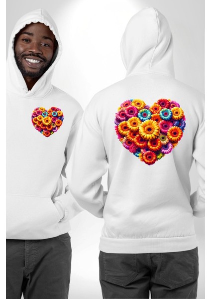 Renkli Aşk Çiçekleri Gerbera Papatya Beyaz Kapüşonlu Sweatshirt Kadın Erkek Ön Minimal Sırt Baskılı