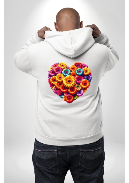 Renkli Aşk Çiçekleri Gerbera Papatya Beyaz Kapüşonlu Sweatshirt Kadın Erkek Ön Minimal Sırt Baskılı modelleri