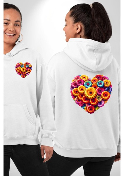Renkli Aşk Çiçekleri Gerbera Papatya Beyaz Kapüşonlu Sweatshirt Kadın Erkek Ön Minimal Sırt Baskılı fırsatları