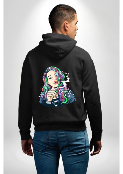 Yasakları Yık, Renkleri Yakala! Siyah Kapüşonlu Sweatshirt Kadın Erkek Ön Minimal Sırt Baskılı indirimleri