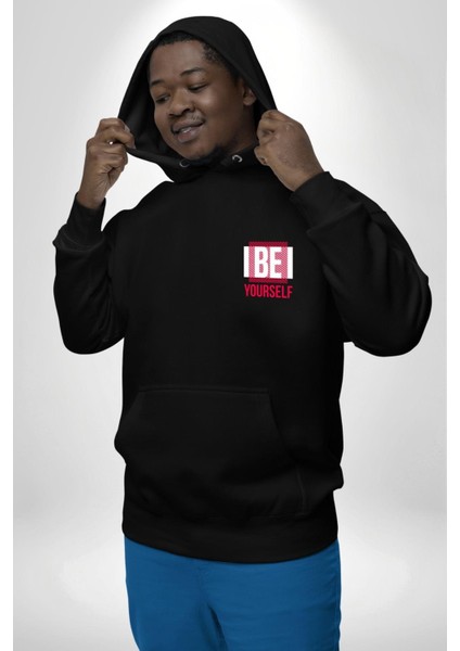 Be Yourself Baskılı Özgün ve Şık Grafik Tasarım Siyah Kapüşonlu Sweatshirt Kadın Erkek Ön Minimal Sırt Baskılı fırsatları