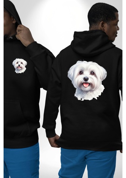 Sevimli Maltese Köpek Tasarımı Siyah Kapüşonlu Sweatshirt Kadın Erkek Ön Minimal Sırt Baskılı