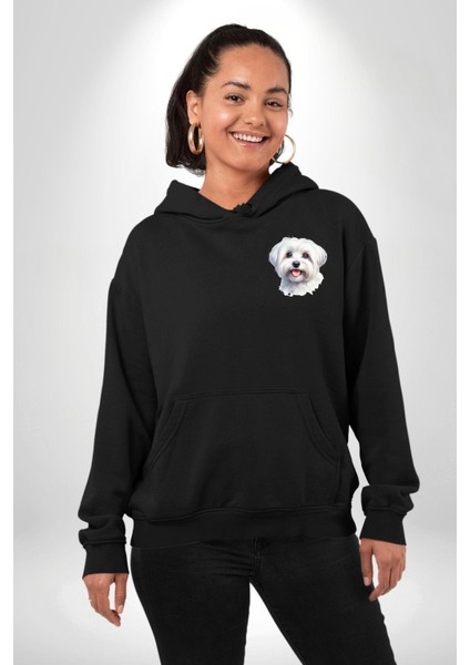 Sevimli Maltese Köpek Tasarımı Siyah Kapüşonlu Sweatshirt Kadın Erkek Ön Minimal Sırt Baskılı fiyatları