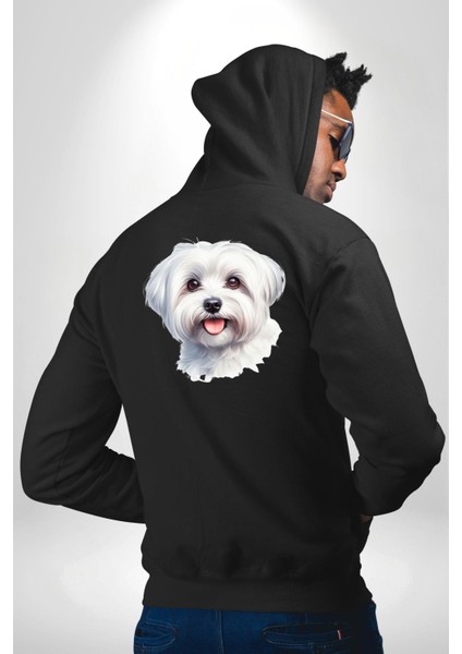 Sevimli Maltese Köpek Tasarımı Siyah Kapüşonlu Sweatshirt Kadın Erkek Ön Minimal Sırt Baskılı modelleri