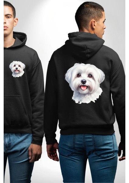 Sevimli Maltese Köpek Tasarımı Siyah Kapüşonlu Sweatshirt Kadın Erkek Ön Minimal Sırt Baskılı fırsatları