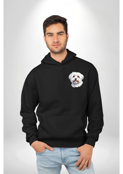 Sevimli Maltese Köpek Tasarımı Siyah Kapüşonlu Sweatshirt Kadın Erkek Ön Minimal Sırt Baskılı indirimleri