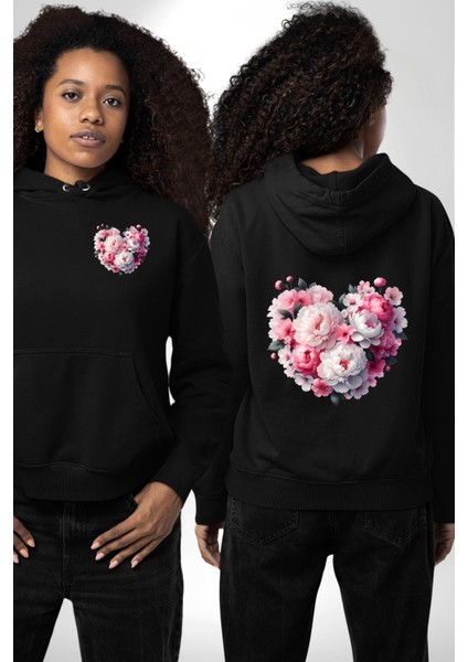 Şakayık Çiçeği Arajman Tasarımı Siyah Kapüşonlu Sweatshirt Kadın Erkek Ön Minimal Sırt Baskılı