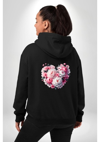 Şakayık Çiçeği Arajman Tasarımı Siyah Kapüşonlu Sweatshirt Kadın Erkek Ön Minimal Sırt Baskılı modelleri